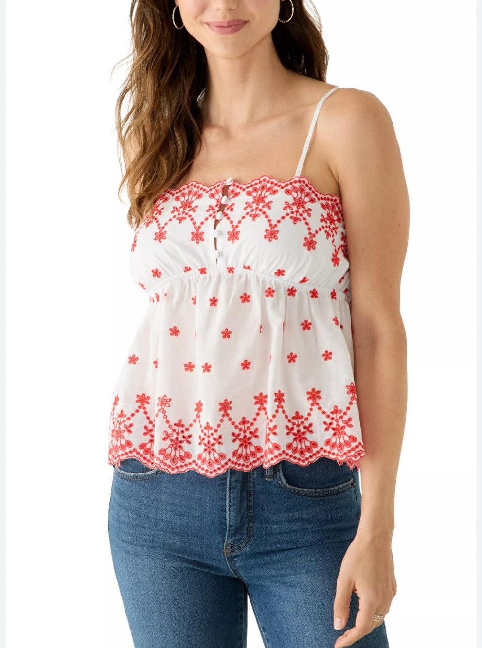 Draper James White Spaghetti-Strap Tank with Red Floral Embroidery Scallop Hem L
